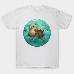 Otters holding hands - mommy and baby T-Shirt